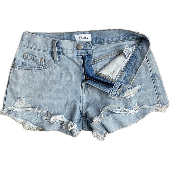 PISTOLA Anthropologie Gigi Low Rise Cut Off Denim Jean Shorts 25 Blue Distressed - Picture 4 of 9